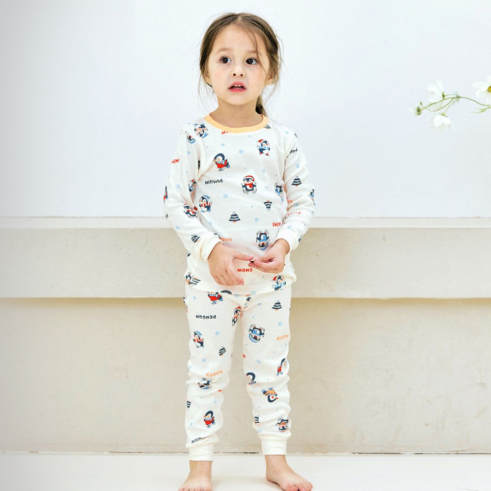 親膚舒絨棉彈性長袖家居服-滑雪企鵝-米