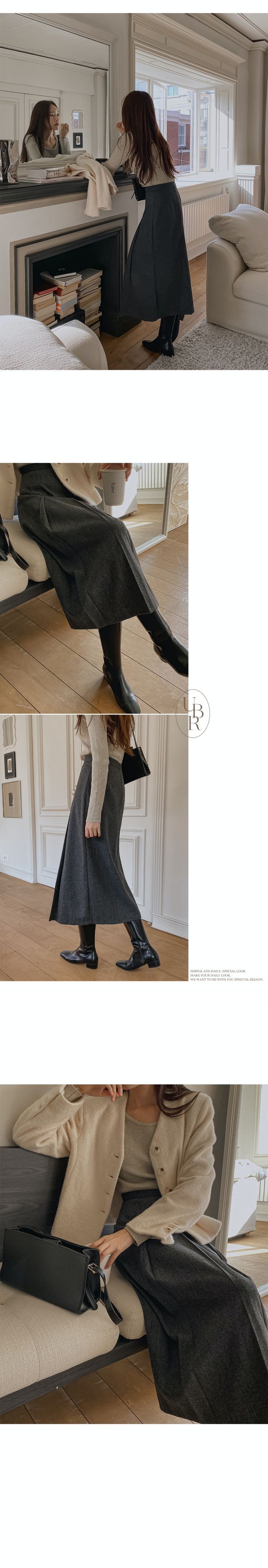 韓國 Urbantheroom - 都市感混羊毛後拉鍊中長裙-深灰