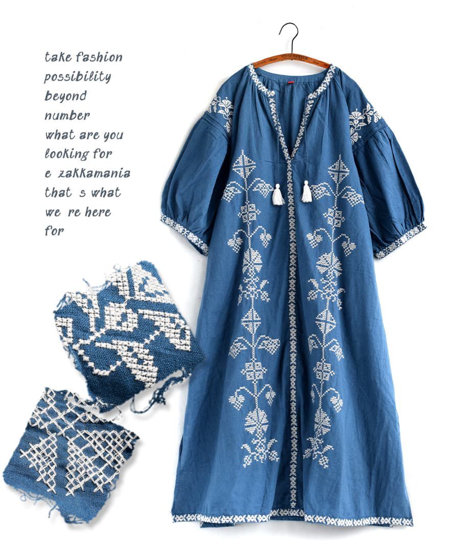 日本 zootie - 棉麻涼爽刺繡民族風洋裝-寧靜藍