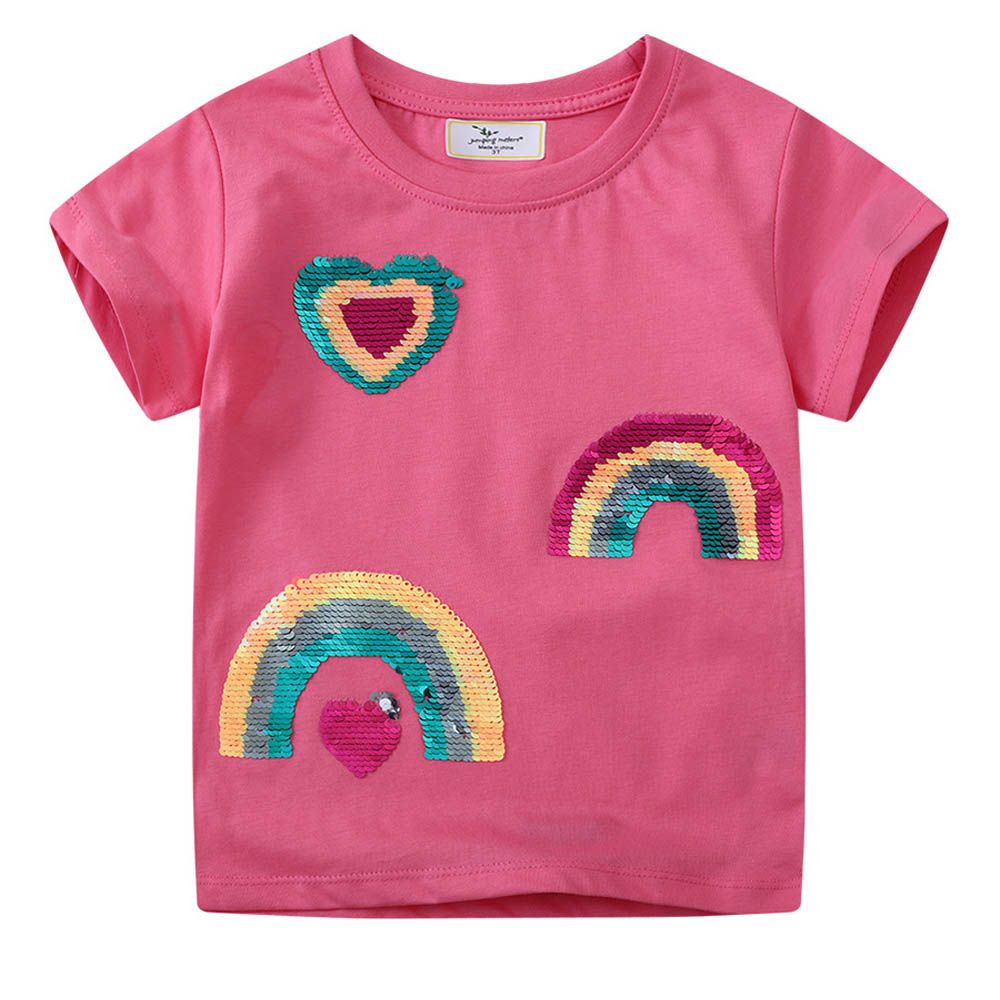 棉質圓領短袖上衣-亮片彩虹-桃粉