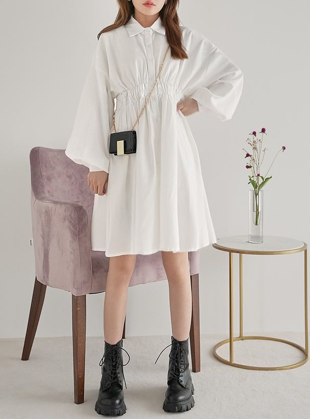 日本 GRL - 甜美翻領縮腰泡泡袖洋裝-黑