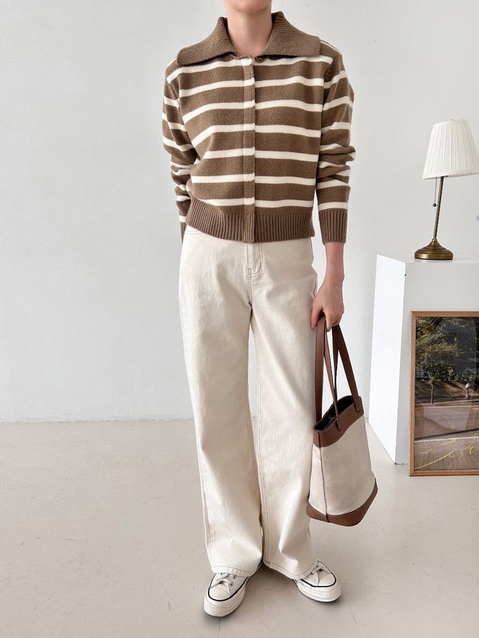 韓國女裝連線 - 溫柔條紋翻領拉鍊針織外套-摩卡咖 (FREE)