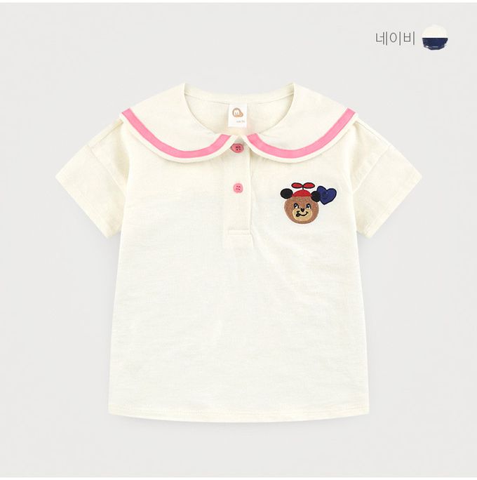 韓國 milk mile - 俏皮小熊印翻領百褶裙套裝-米白X紅