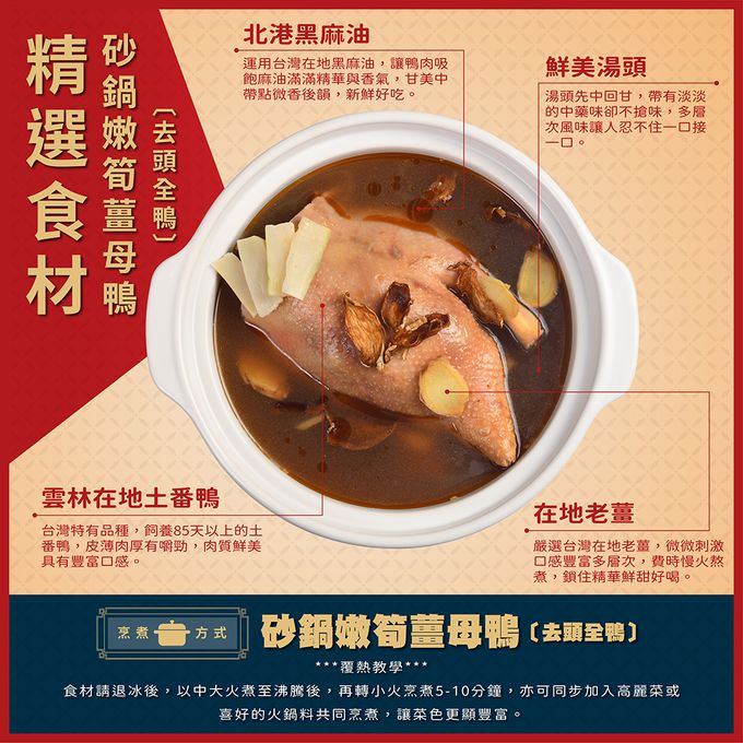 果子禮 - 早鳥優惠價!!2-4人份旺兔耀新年年菜組:砂鍋嫩筍薑母鴨 (去頭全鴨)2200公克(固形物1100公克)+紅燒獅子頭600g+干貝櫻花蝦米糕600g+姬松茸蘿蔔糕1000g-全部總重4400g