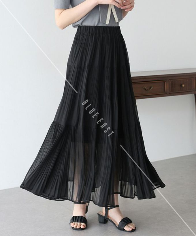日本 BLUE EAST - 優雅細摺雪紡分層鬆緊長裙-黑 (M)
