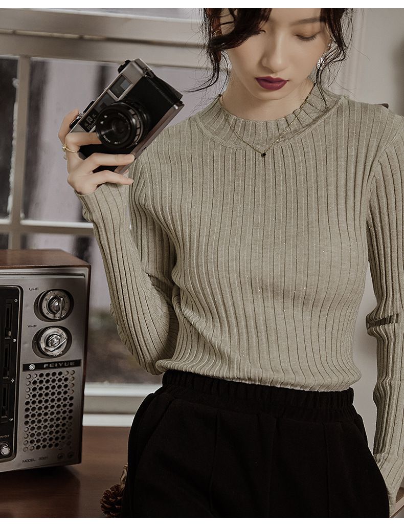 優雅百搭坑條修身針織上衣-燕麥色