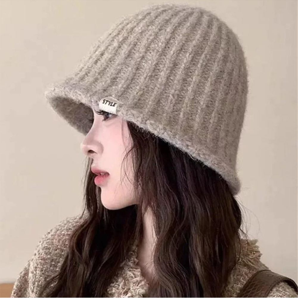 標籤點綴針織素色漁夫帽-卡其杏 (F)