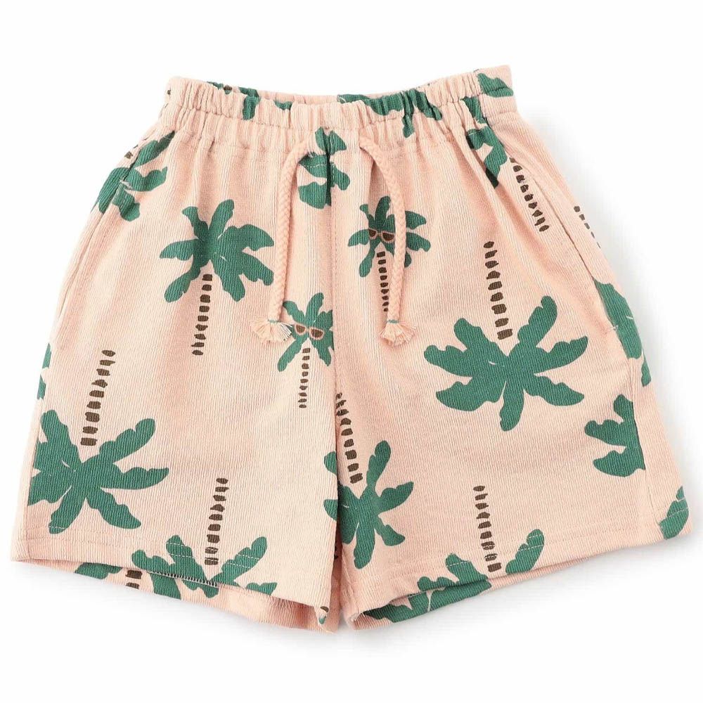 100%純棉 印花休閒短褲-棕櫚樹-粉紅