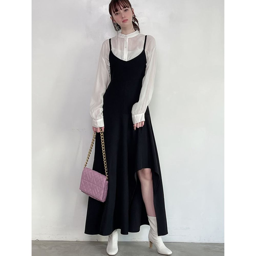 日本 GRL - 設計感不對稱開衩細肩帶背心洋裝-黑