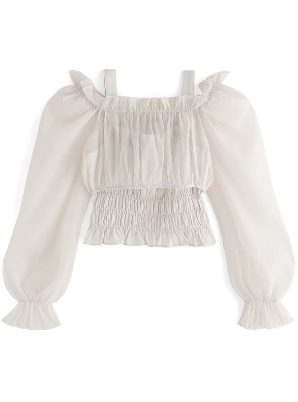 日本 GRL - 2WAY柔美紗拼接糖果袖上衣-黑 (F)