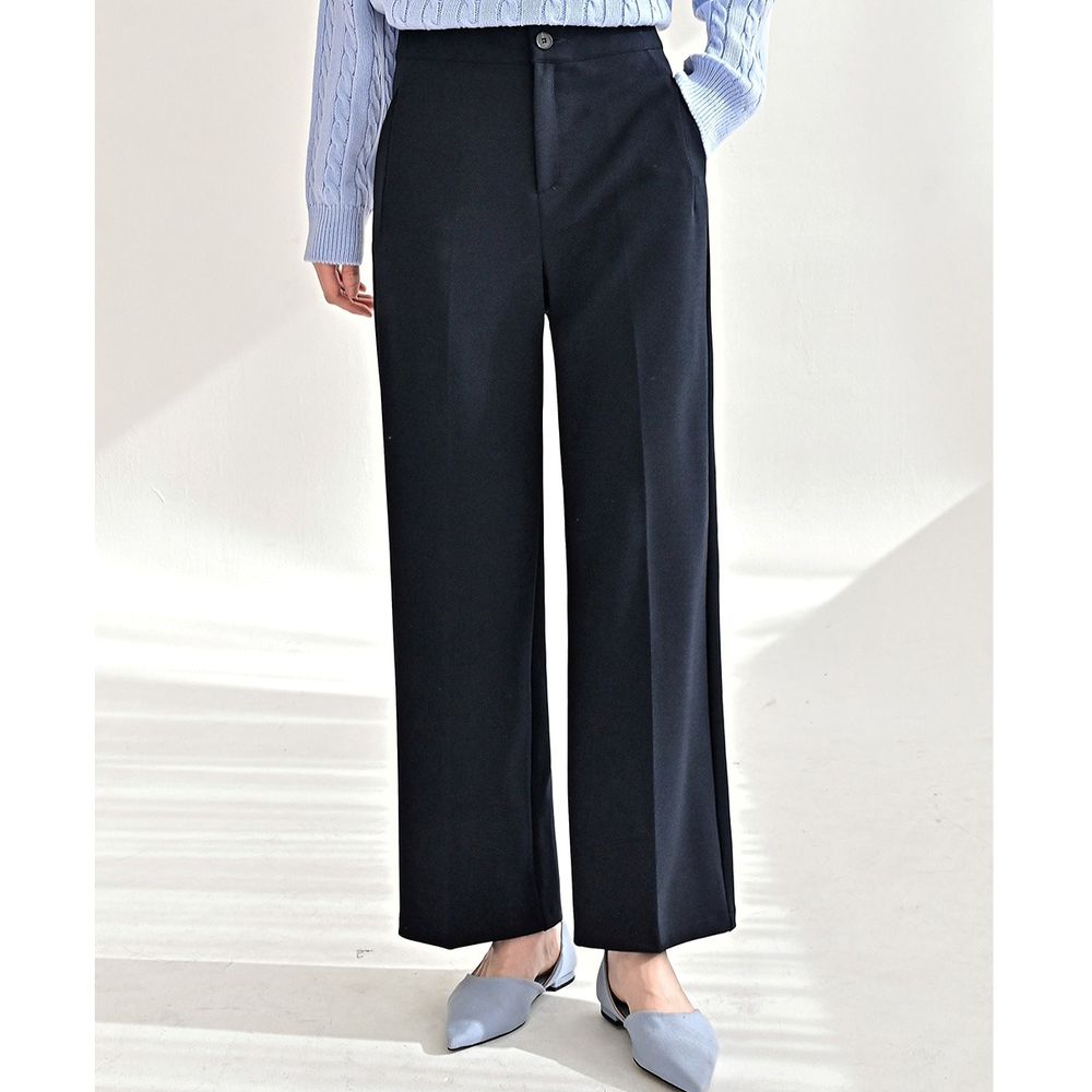 Domingoblue 後鬆緊職感寬鬆彈力西裝褲-海軍藍