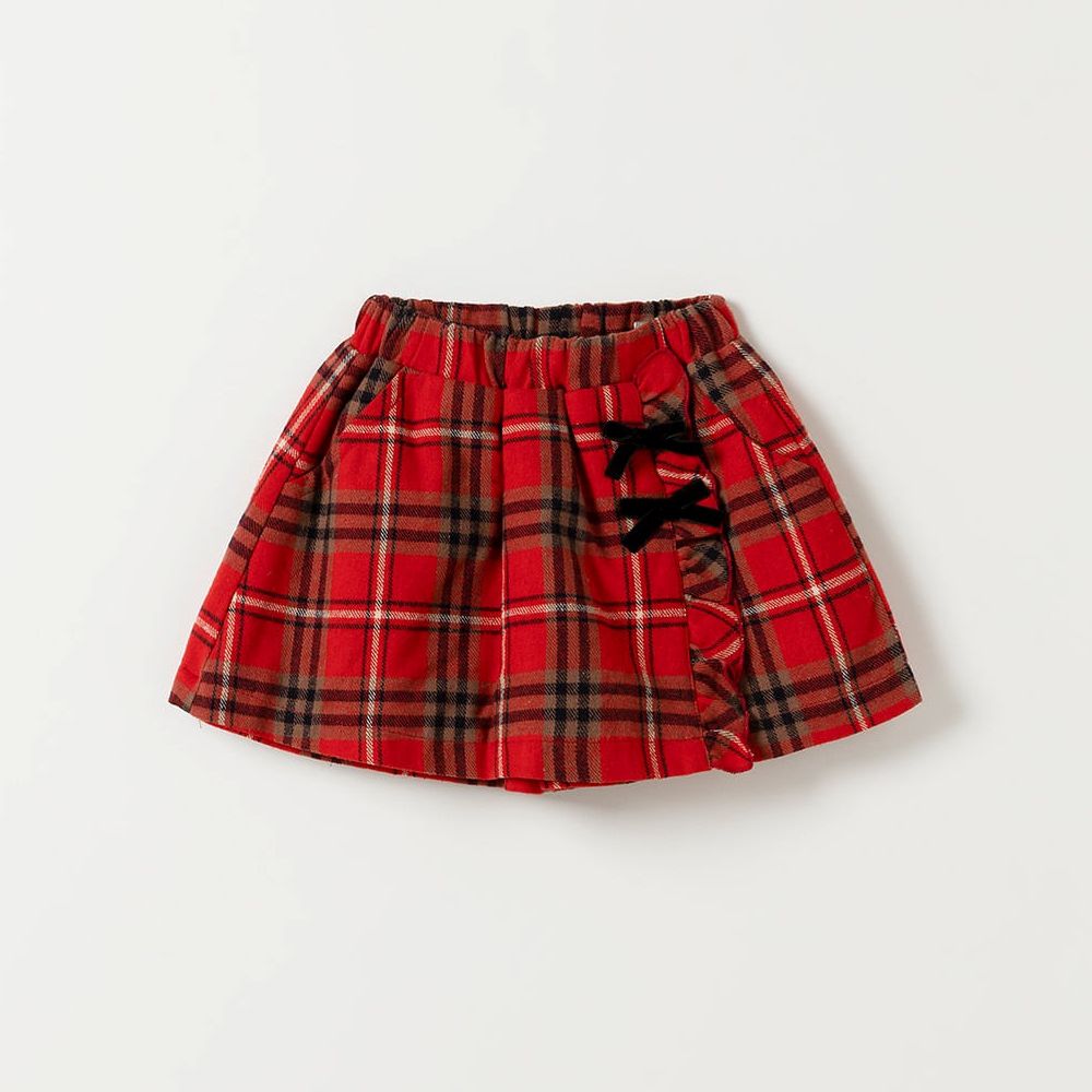 鬆緊腰冬日格紋荷葉邊片裙褲-紅