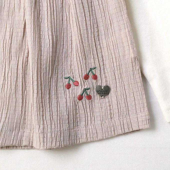 日本 ZOOLAND - 假二件典雅緹花長袖上衣-櫻桃刺繡-藕粉