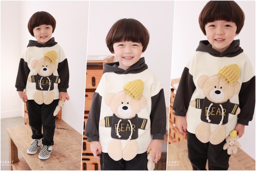 韓國 Coco rabbit - 裝飾大熊連帽長袖上衣-粉