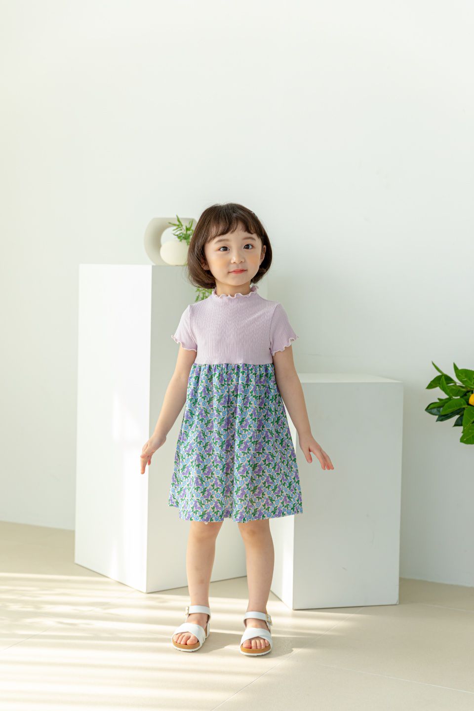 韓國 Orange Mom - 果實花朵異材質拼接洋裝-橘/黃