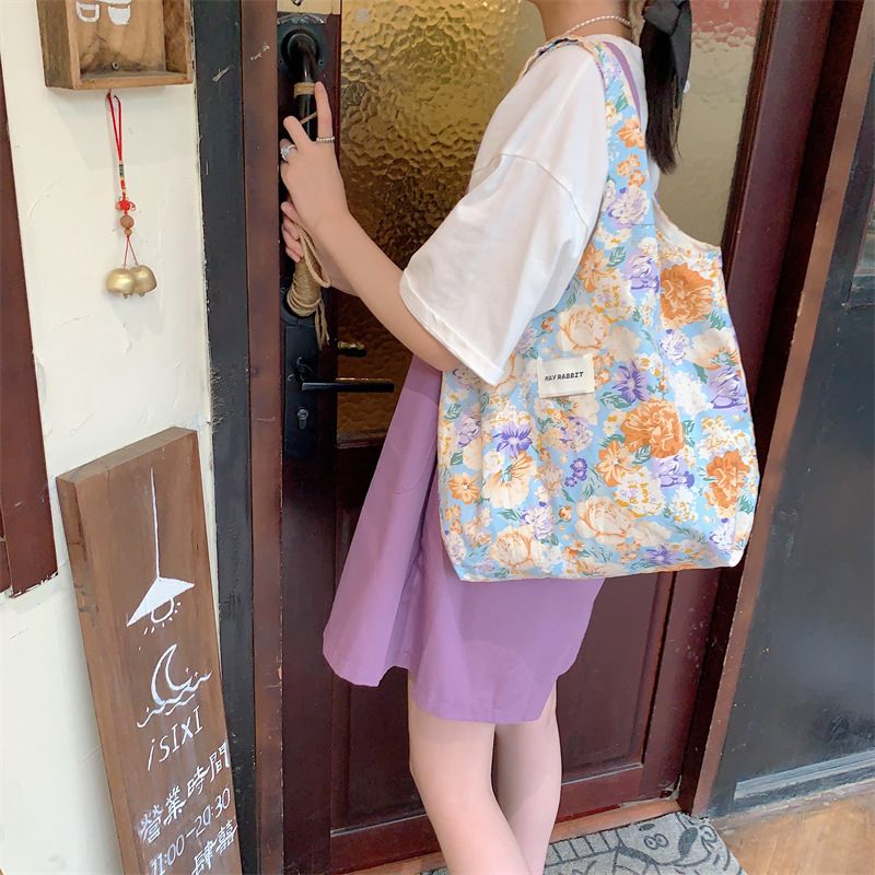 碎花休閒布袋/單肩包-牡丹花-粉色 (41x31+24cm)