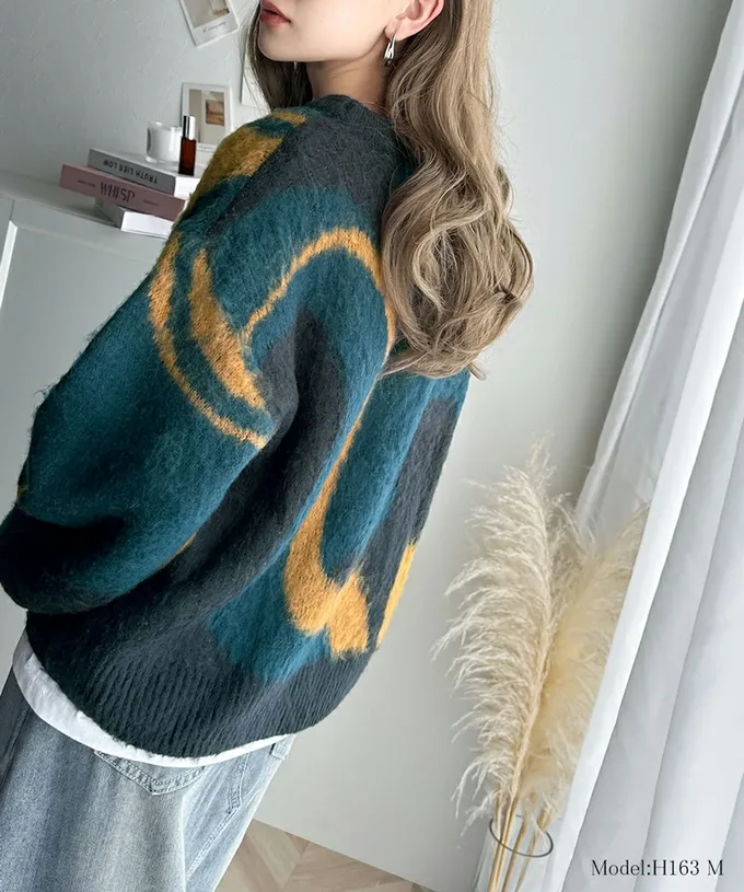 日本 Classical Elf - 歐風毛絨感波浪印花毛衣-淺灰x水藍