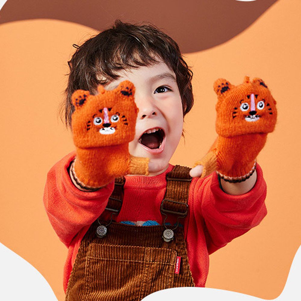 韓國lemonkid - 兒童針織五指手套-橙色老虎 (均碼(手腕直徑7.8cm))
