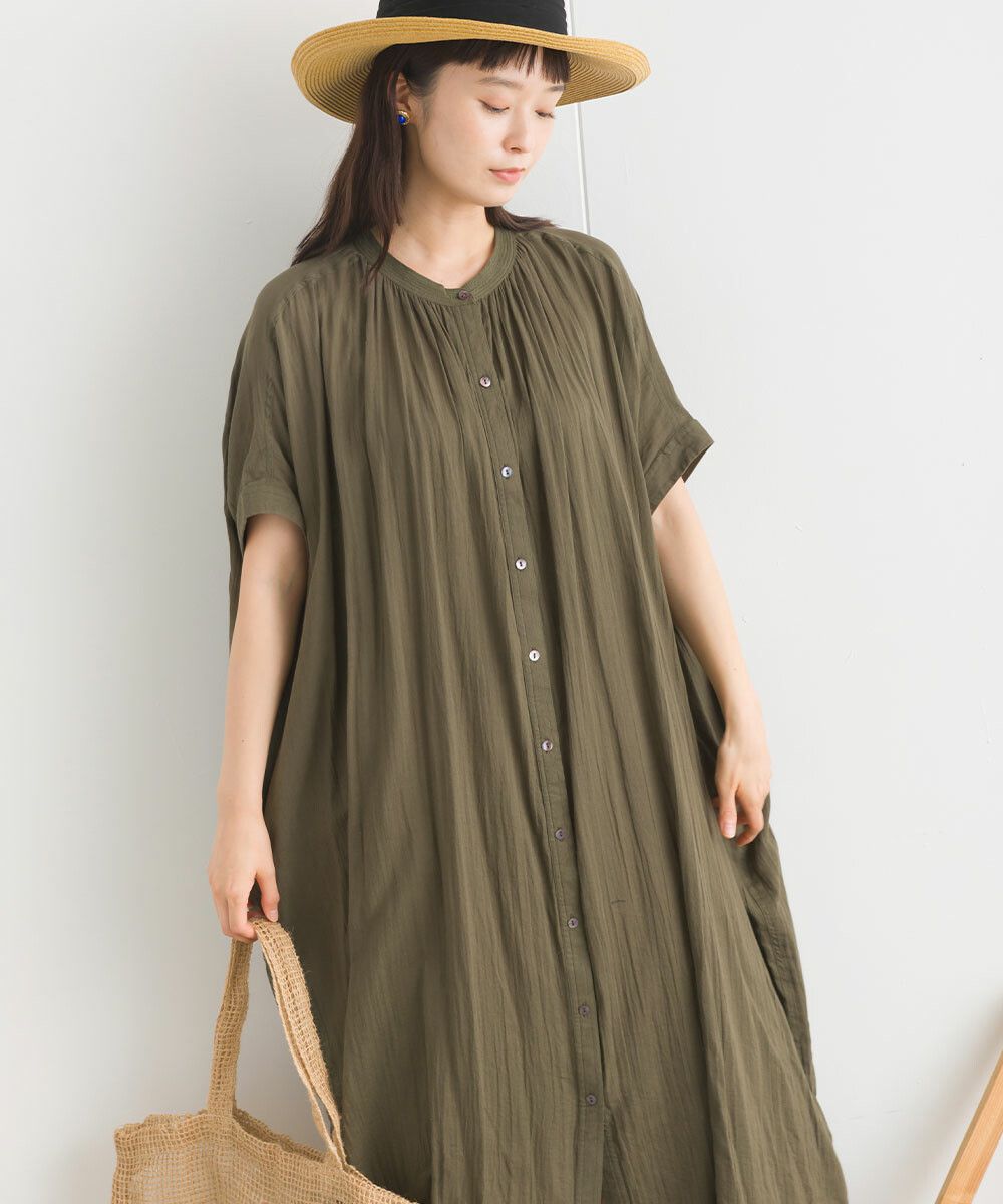 日本女裝代購 - 100%印度棉 文藝感排扣五分袖洋裝-米白