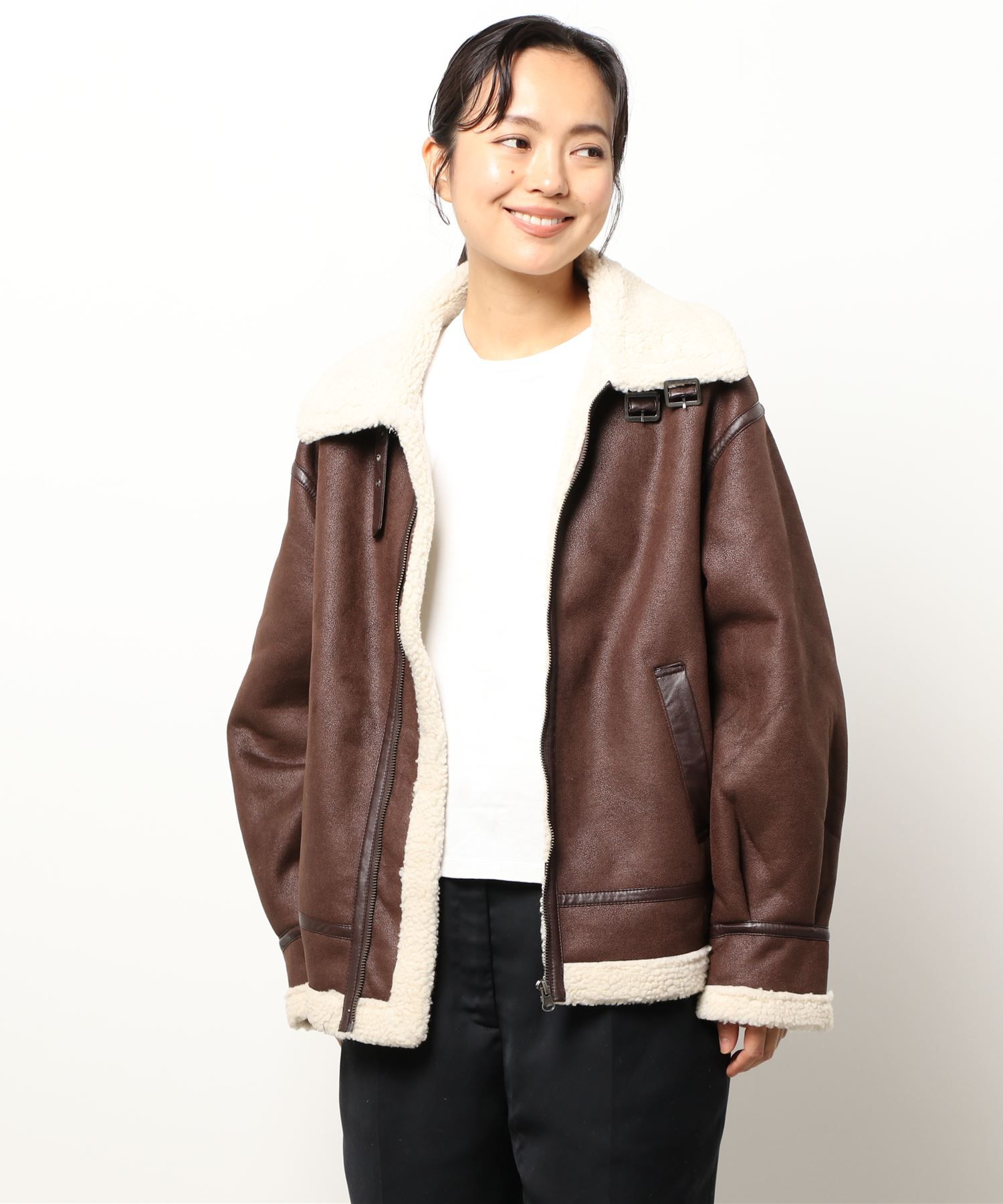 日本 Riche Glamour - 麂皮撞色羊羔絨保暖外套-咖啡