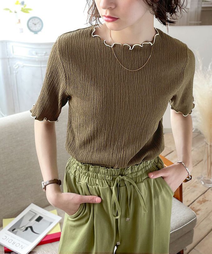 日本 Classical Elf - 氣質紋理木耳邊短袖上衣-米杏