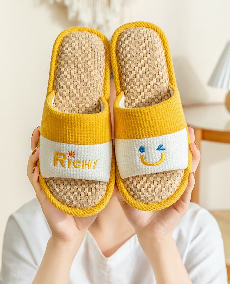 亞麻室內拖鞋-眨眼睛款-粉紅色