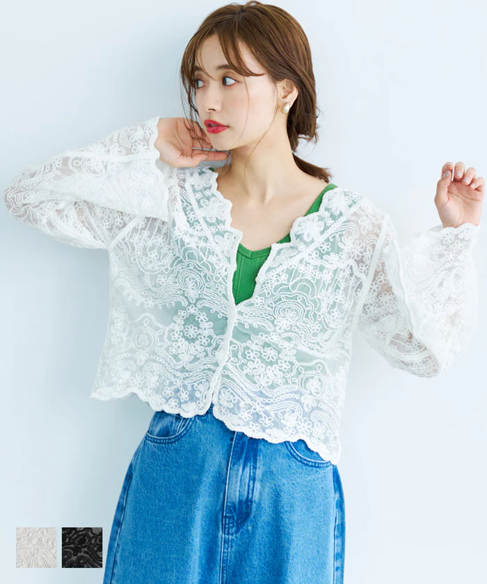 日本 COCA - 透明感蕾絲花朵薄外套/罩衫-白