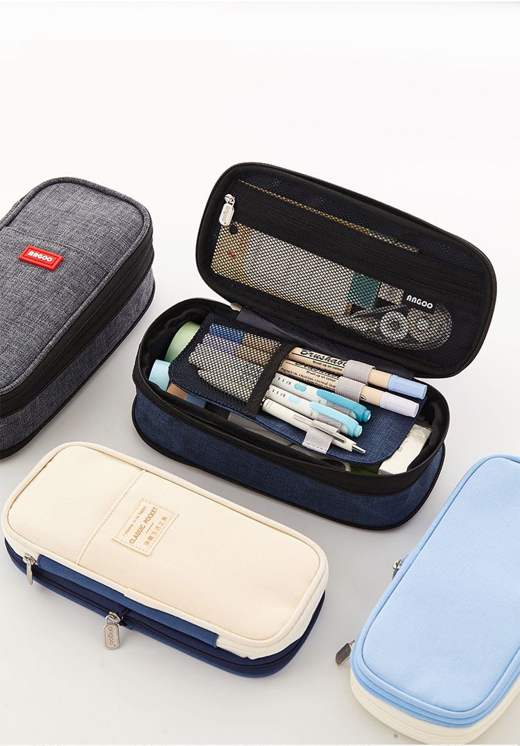 大容量可擴張鉛筆袋-淺藍色X米色