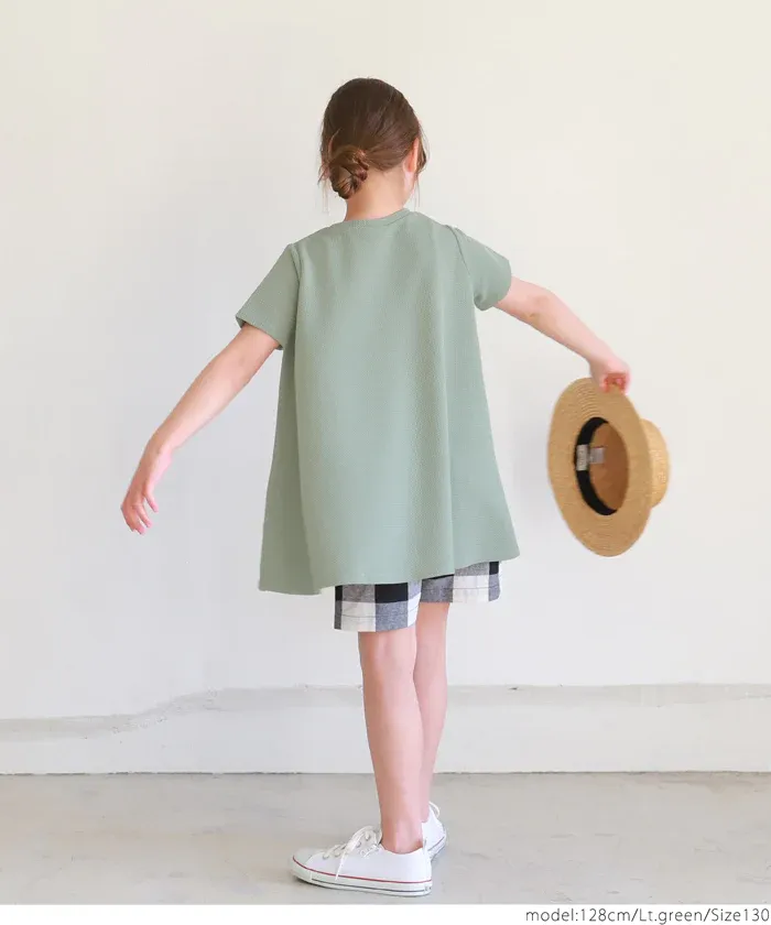 日本 COCA - 速乾彈性 圓領A字剪裁長版短袖上衣-孩子-淺灰