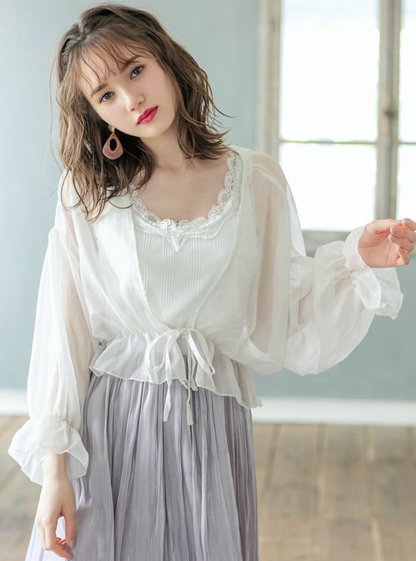 日本 GRL - 蕾絲滾邊圓領無袖上衣-米白