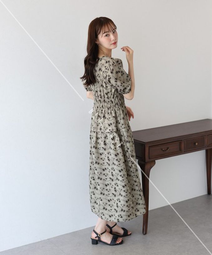 日本 BLUE EAST - 水墨感花卉束腰泡泡袖洋裝-棕綠 (M)