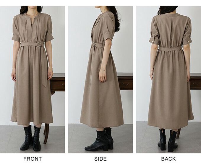 日本 BLUE EAST - 優雅打褶2way領束腰短袖洋裝-摩卡