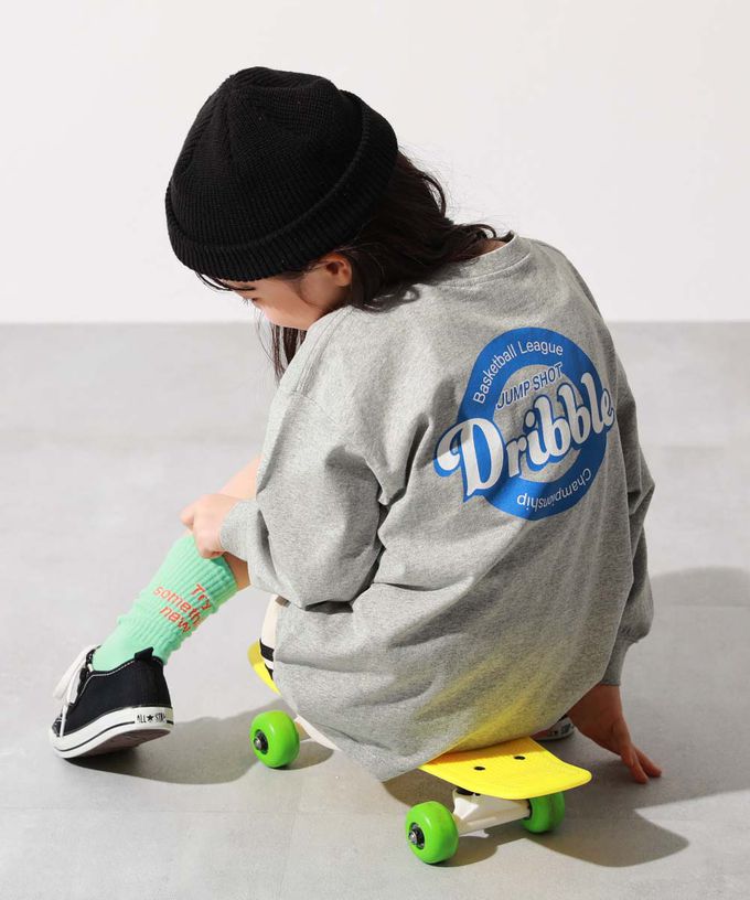 日本 devirock - 100%棉 落肩印花長袖T恤-斜體標語-淺灰