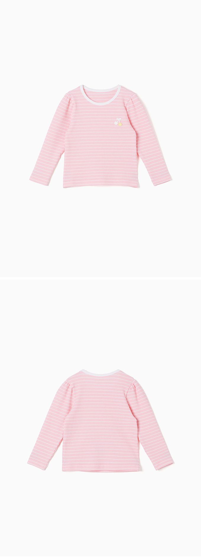 韓國 OZKIZ - 櫻桃點綴條紋長袖上衣-粉X白