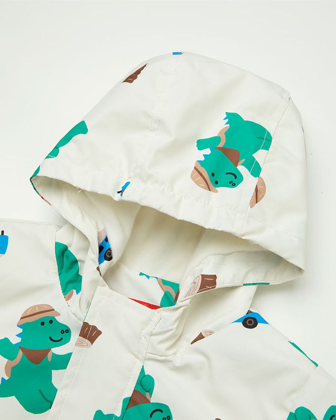 韓國 OZKIZ - (兩件式)防潑水搖粒絨連帽外套-郊遊恐龍-米白X藍