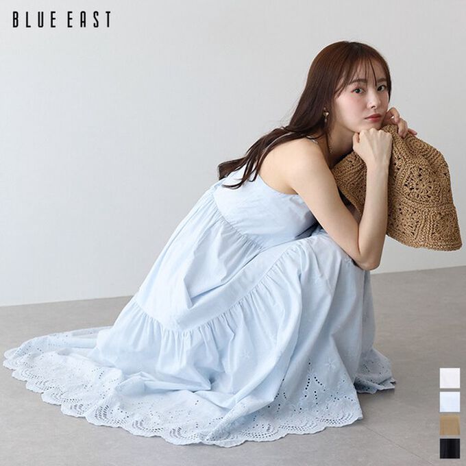 日本 BLUE EAST - 精緻雕花下擺迷人細肩帶洋裝-黑