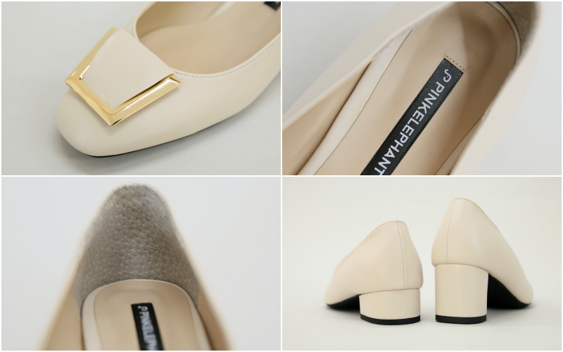 韓國 PINKELEPHANT - 金框裝飾低跟鞋(5cm)-杏