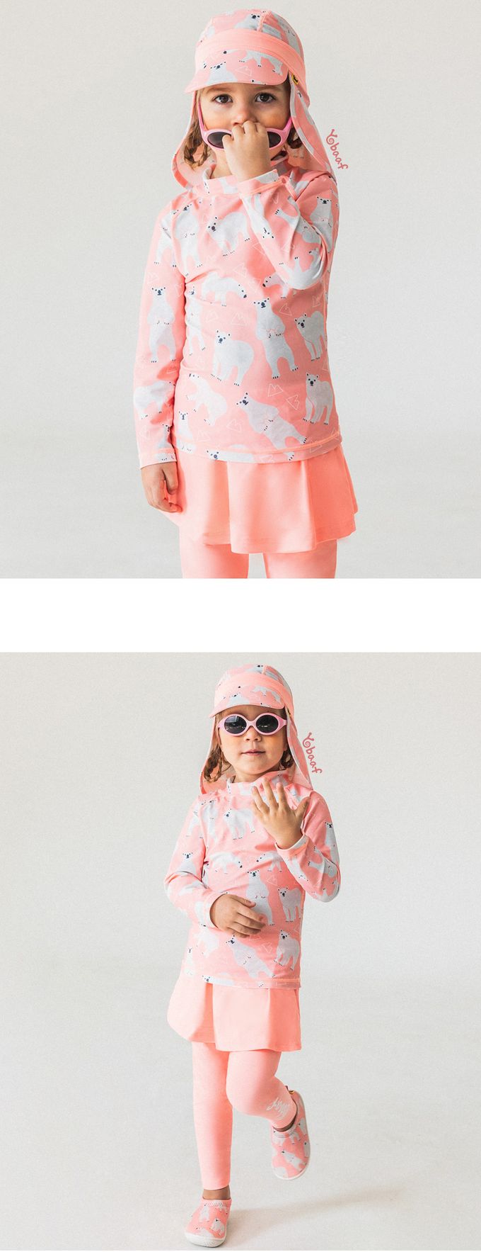 韓國 Yobaaf - UPF50+兒童兩件式防曬泳裝-北極熊-粉