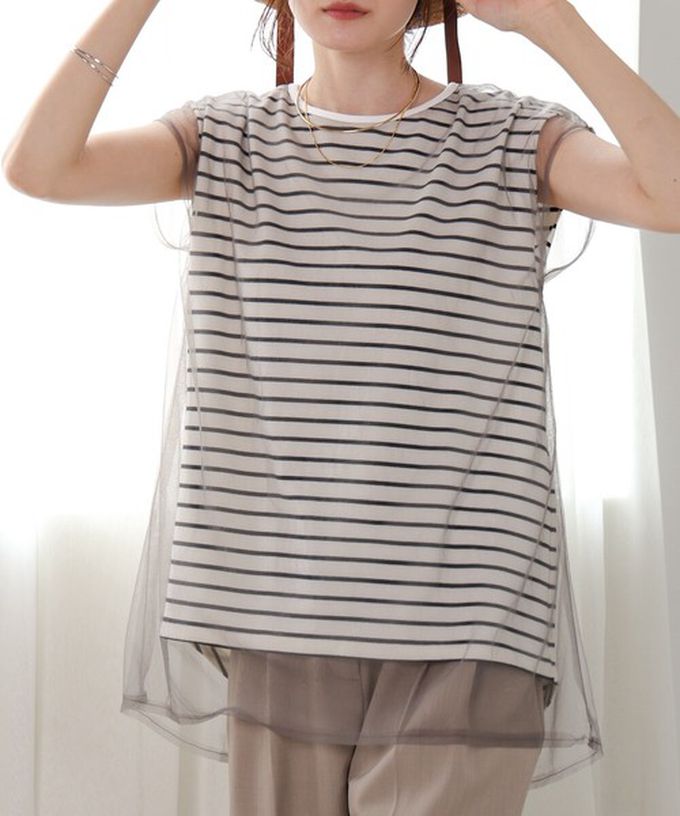 日本 Bab - 迷人薄紗層次條紋無袖上衣-粉紅
