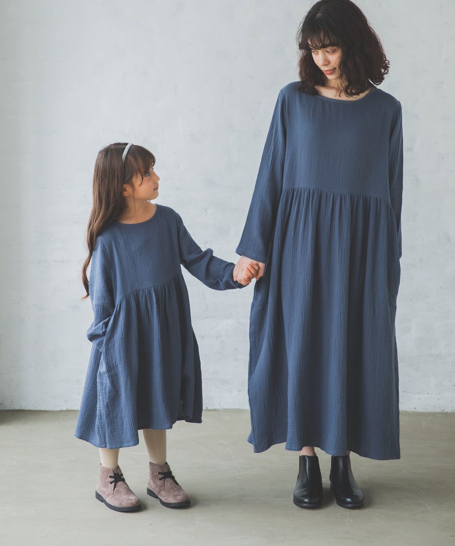 日本 PAIRMANON - 透氣二重紗 簡約薄長袖洋裝-孩子-洋紅