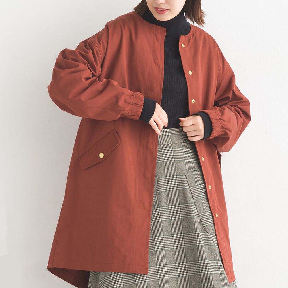 撥水加工 休閒無領中長版風衣外套-磚橘紅