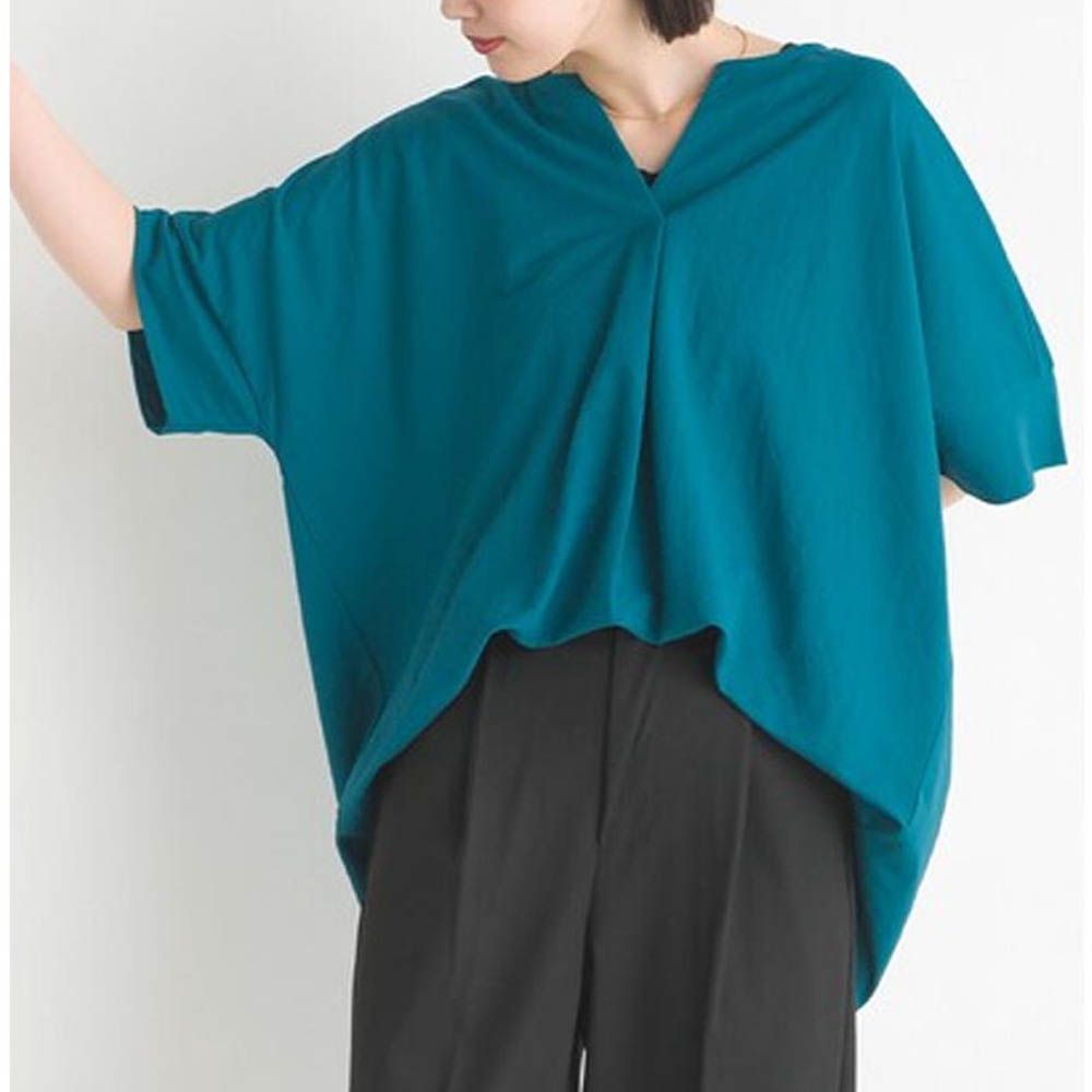 接觸冷感 嫘縈小V領短袖上衣-土耳其綠