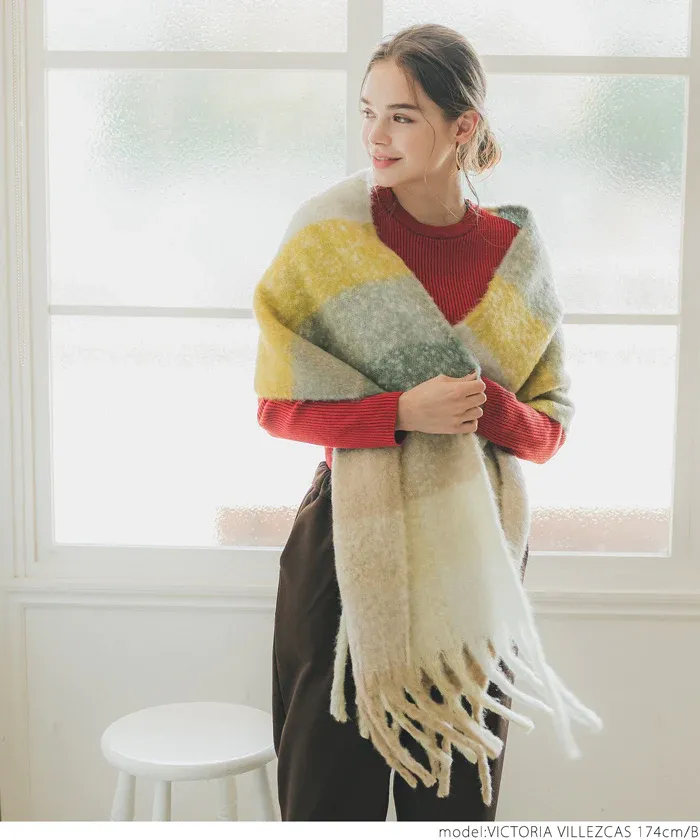 日本 COCA - 毛海大流蘇格紋圍巾/披肩-杏黃