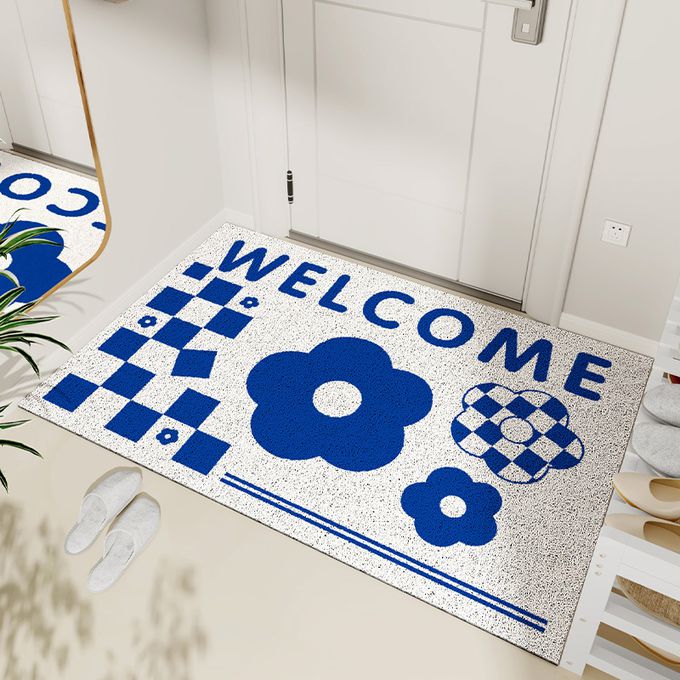 防塵刮沙入門玄關腳踏墊-格紋+花花-藍+白