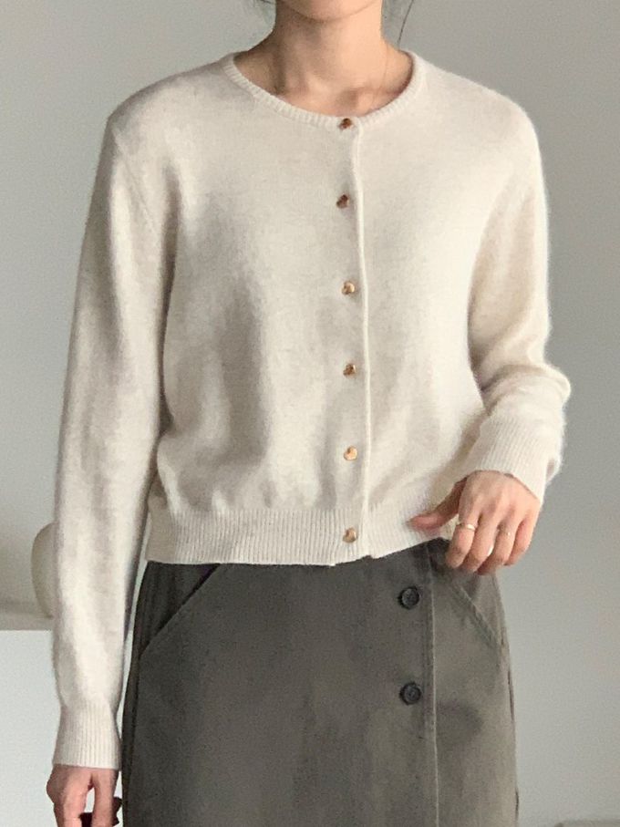 韓國女裝連線 - 愛心金釦混羊毛針織衫/外套-燕麥 (FREE)