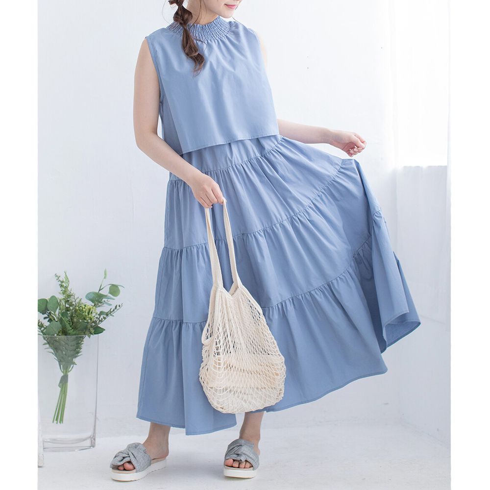 日本 Bou Jeloud - 俏皮假兩件層次感無袖蛋糕長洋裝-藍