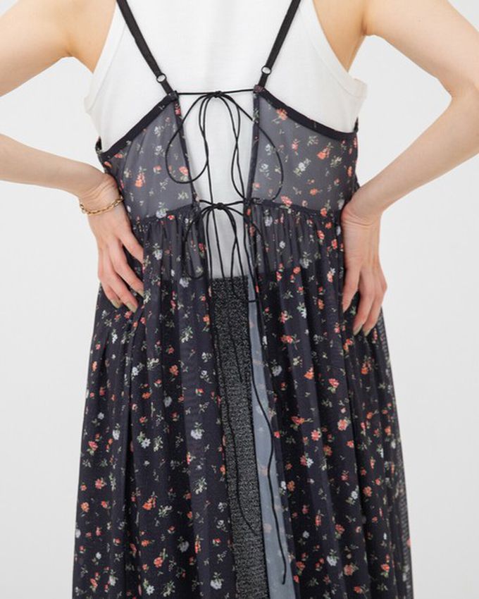 日本 gleam - 前後2way浪漫小花細肩帶薄紗洋裝-水藍