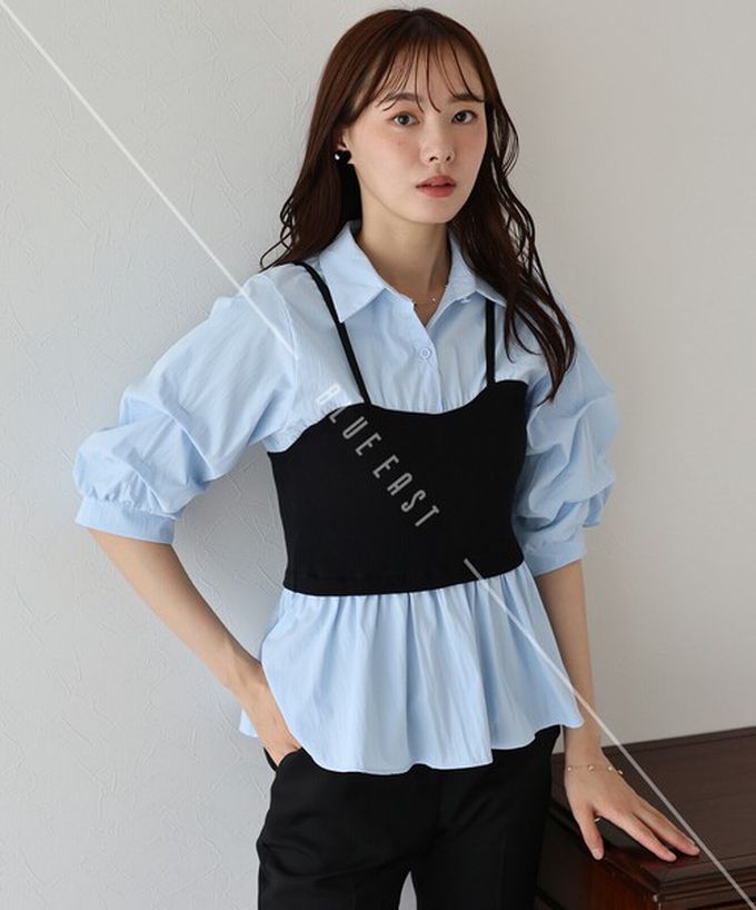 日本 BLUE EAST - 假二件俐落時尚疊穿五分袖上衣-黑x白