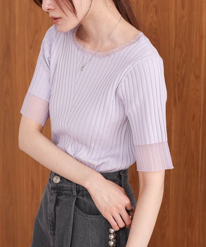 日本 Bab - 柔美異材質顯瘦羅紋五分袖上衣-炭灰