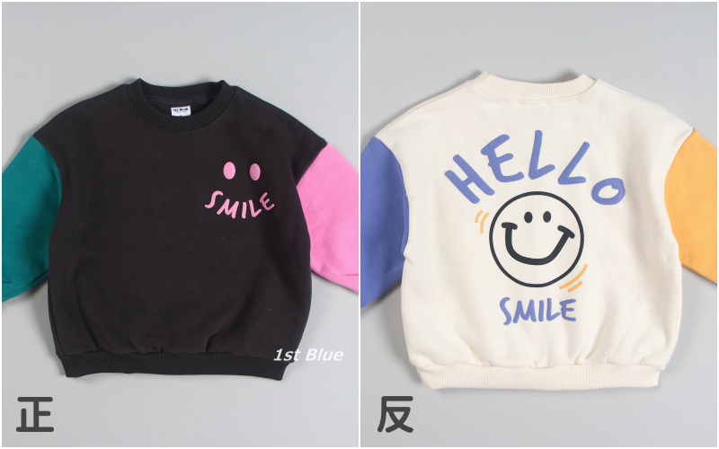 韓國 First Blue - 笑臉撞色拼接袖大學T(裏起毛)-米白